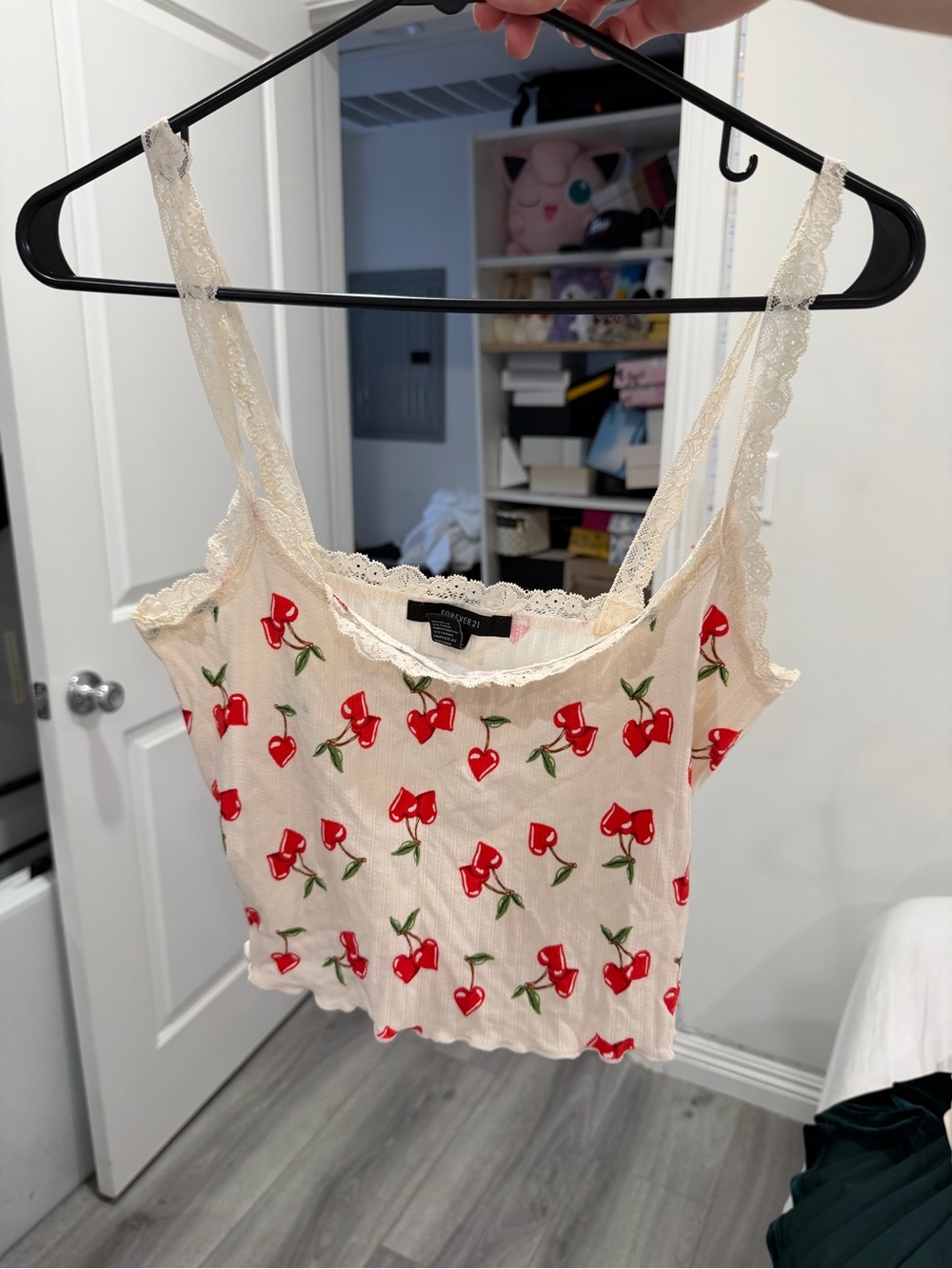Forever 21 Cream Cherry-Print Lace Trim Cami